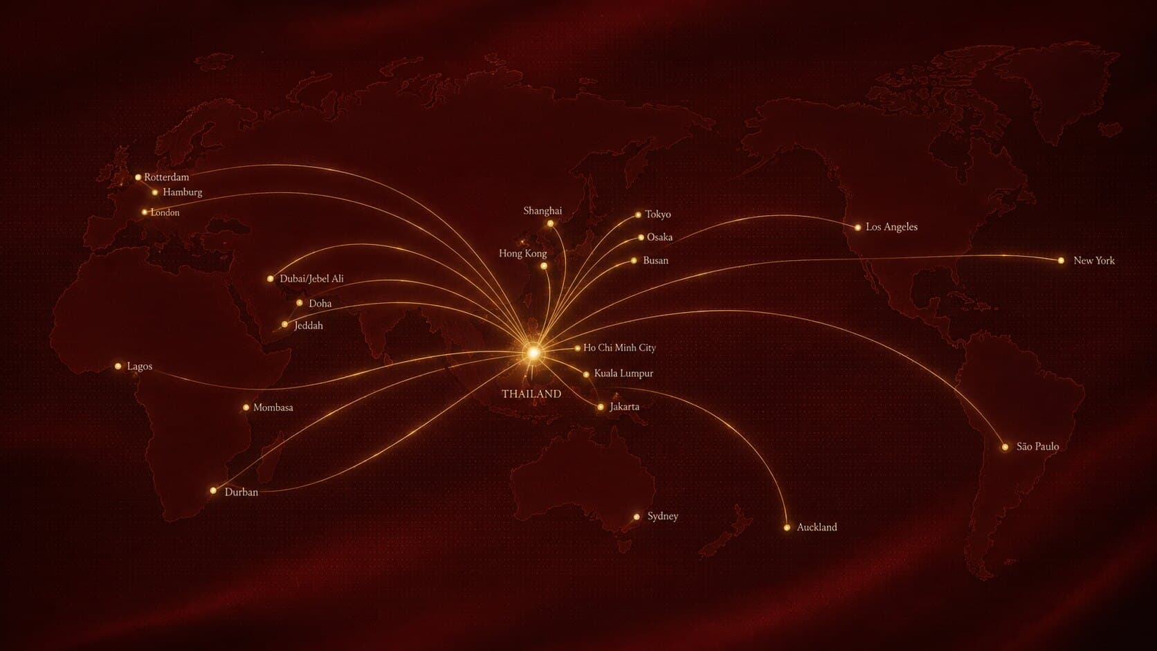 World trade map connecting Thailand with international markets